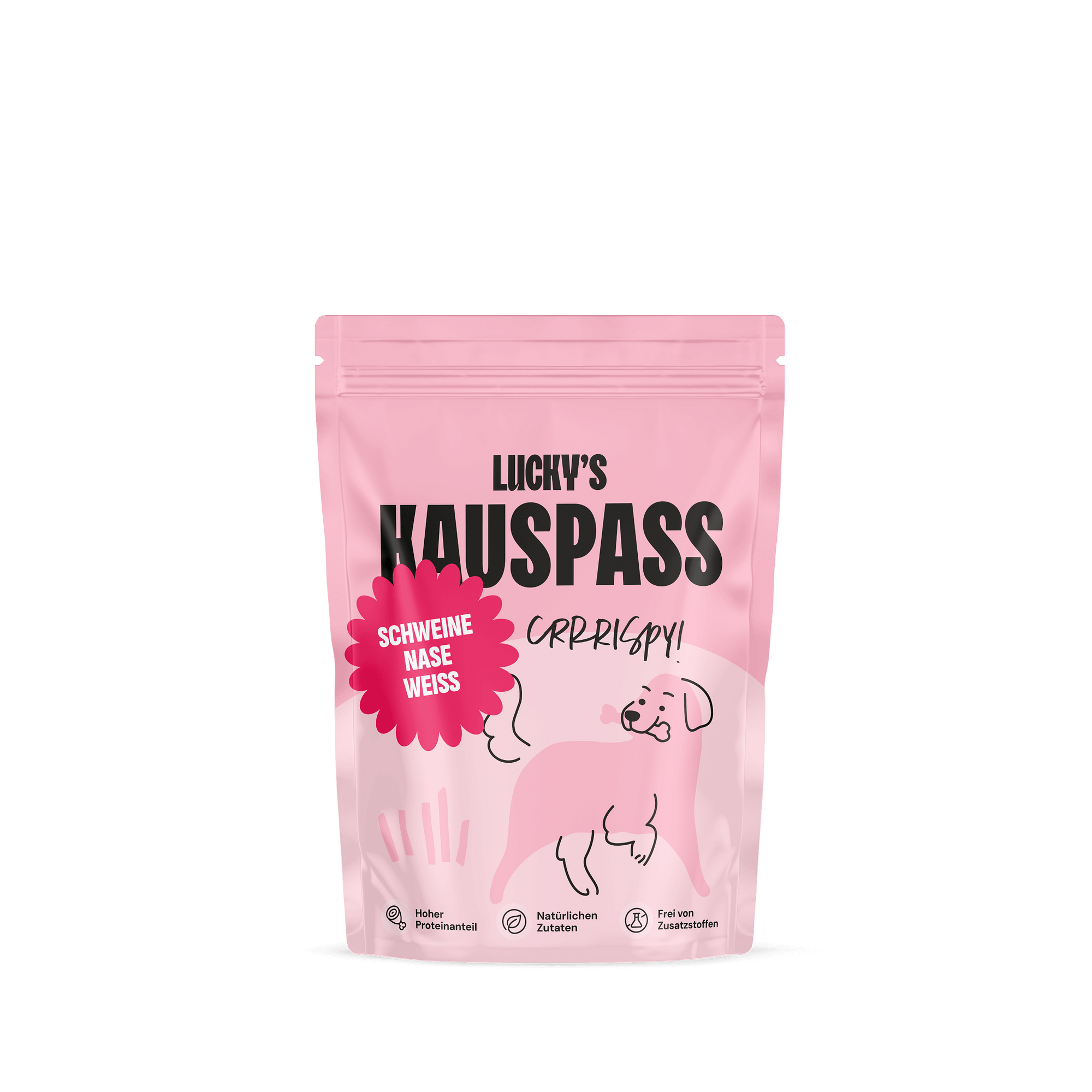 Schweinenase XL gepufft - Snackverpackung von Lucky's für Hunde mit knusprigen Kauartikel.