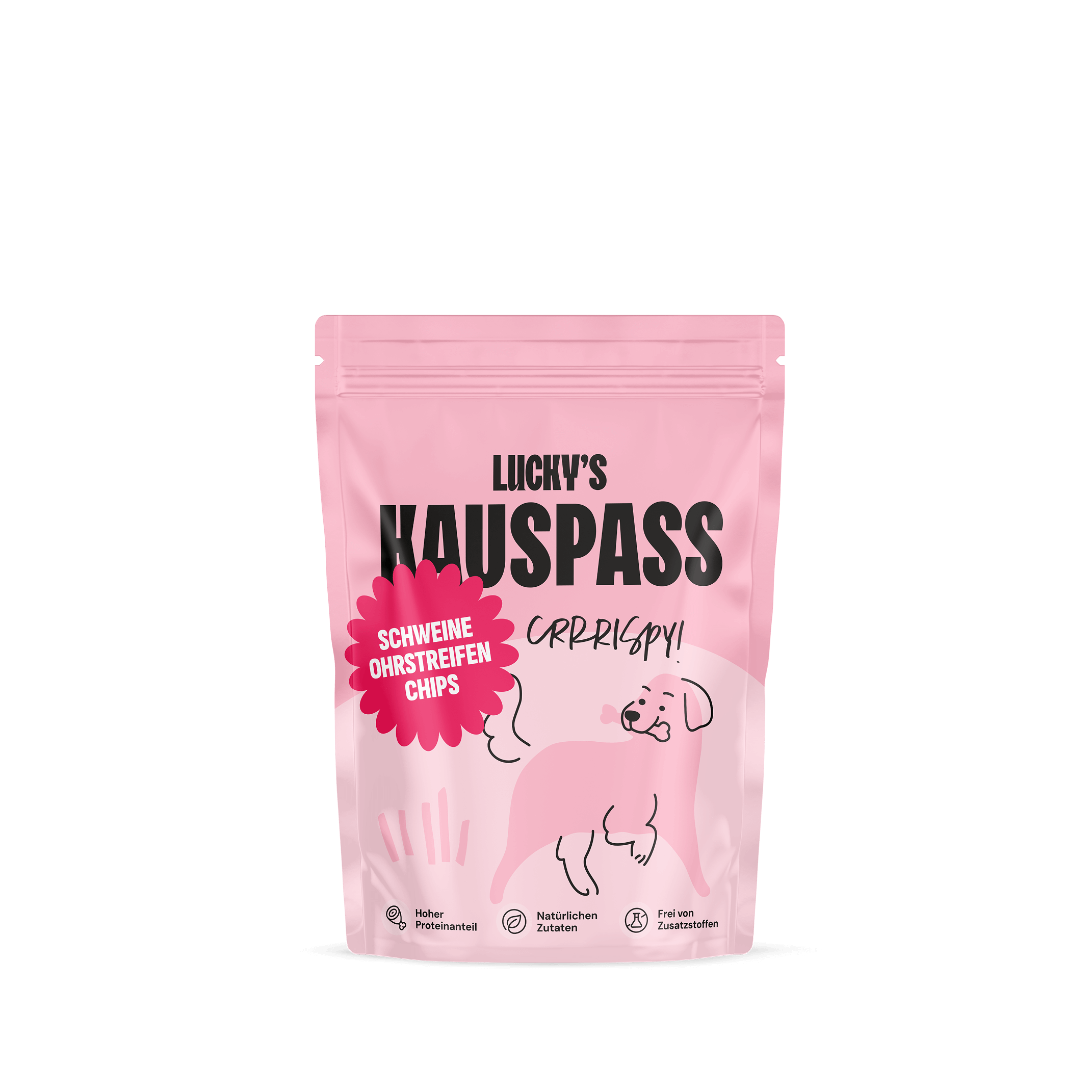 Verpackung von Schweineohr Streifen Chips für Hunde in pinkem Design, ideal für natürliche Kaubeiträge.