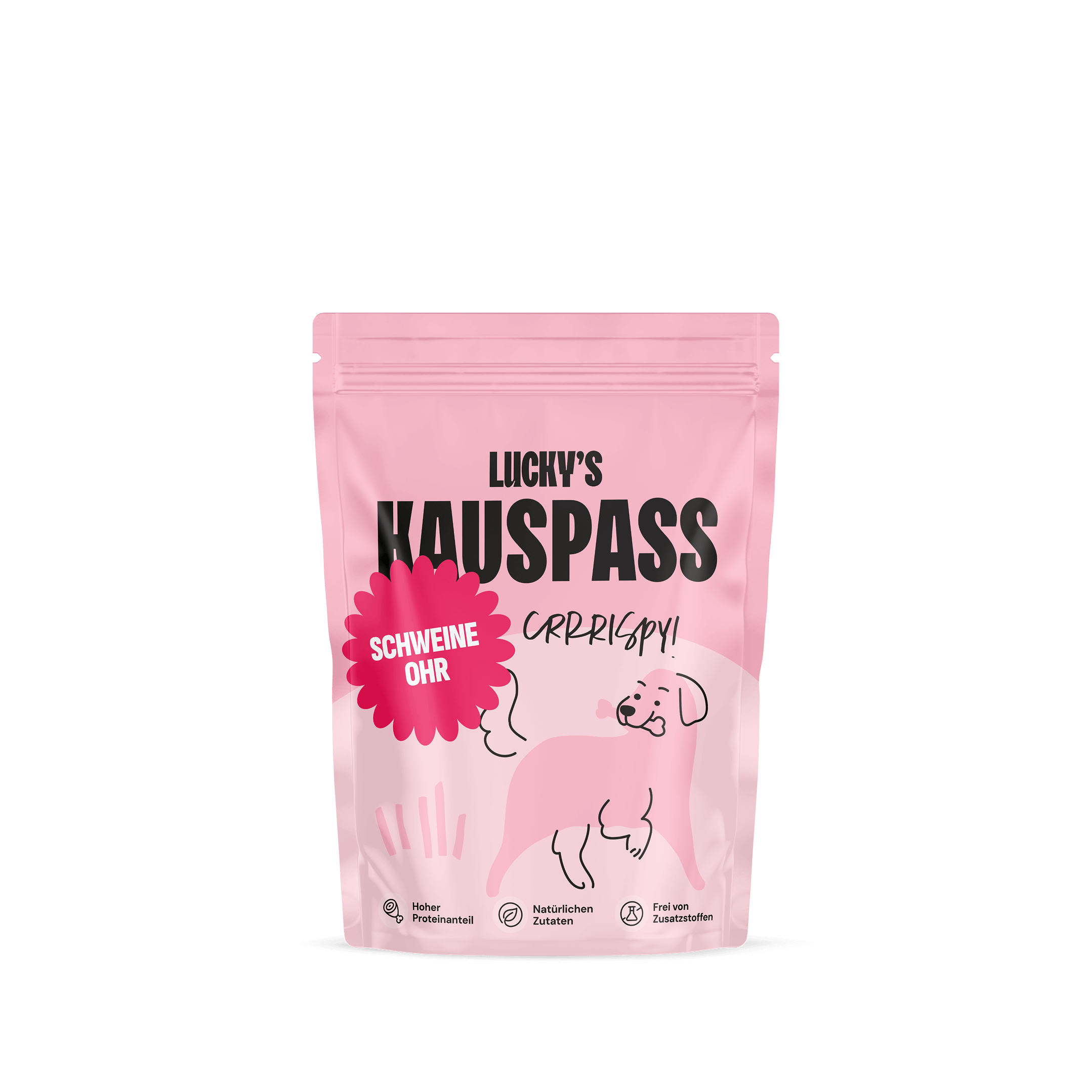 Schweineohr Snack für Hunde in pinker Verpackung von Licky‘s KauSPASS.