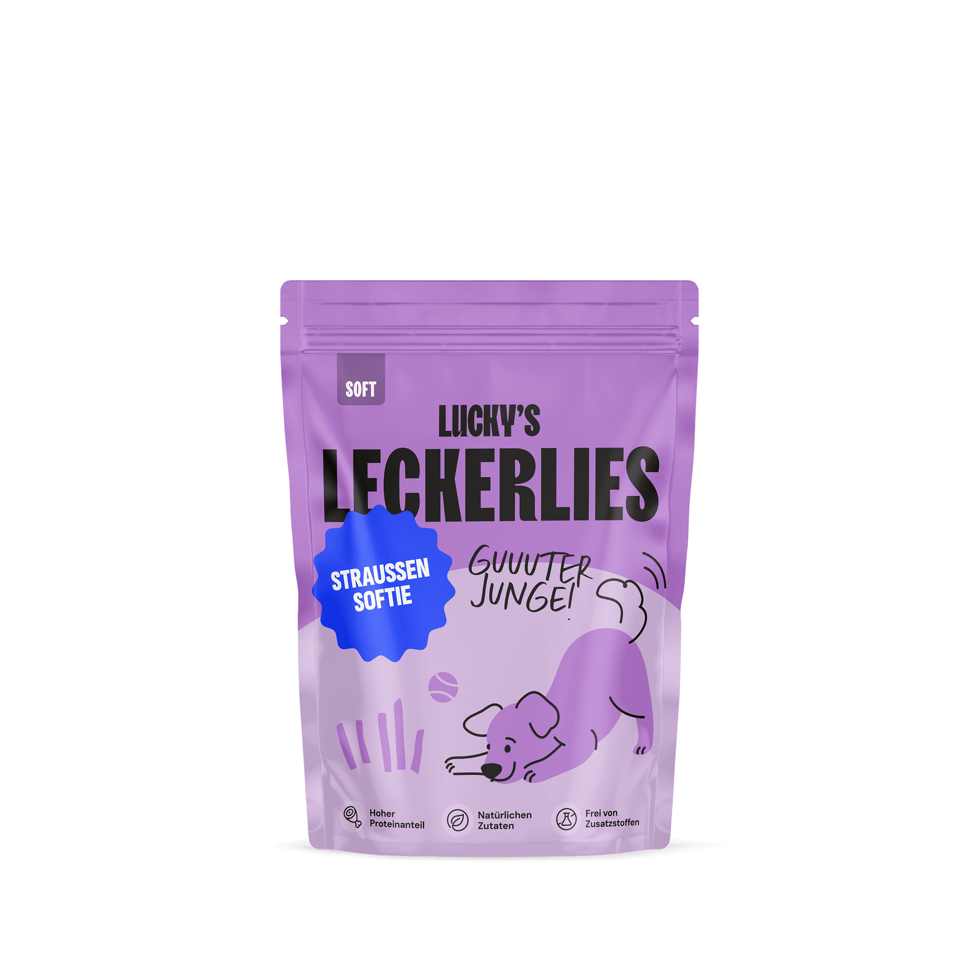 Straußensoftie – Leckerli für Hunde in lila Verpackung mit Hundedesign, ideal für Training und Belohnung.