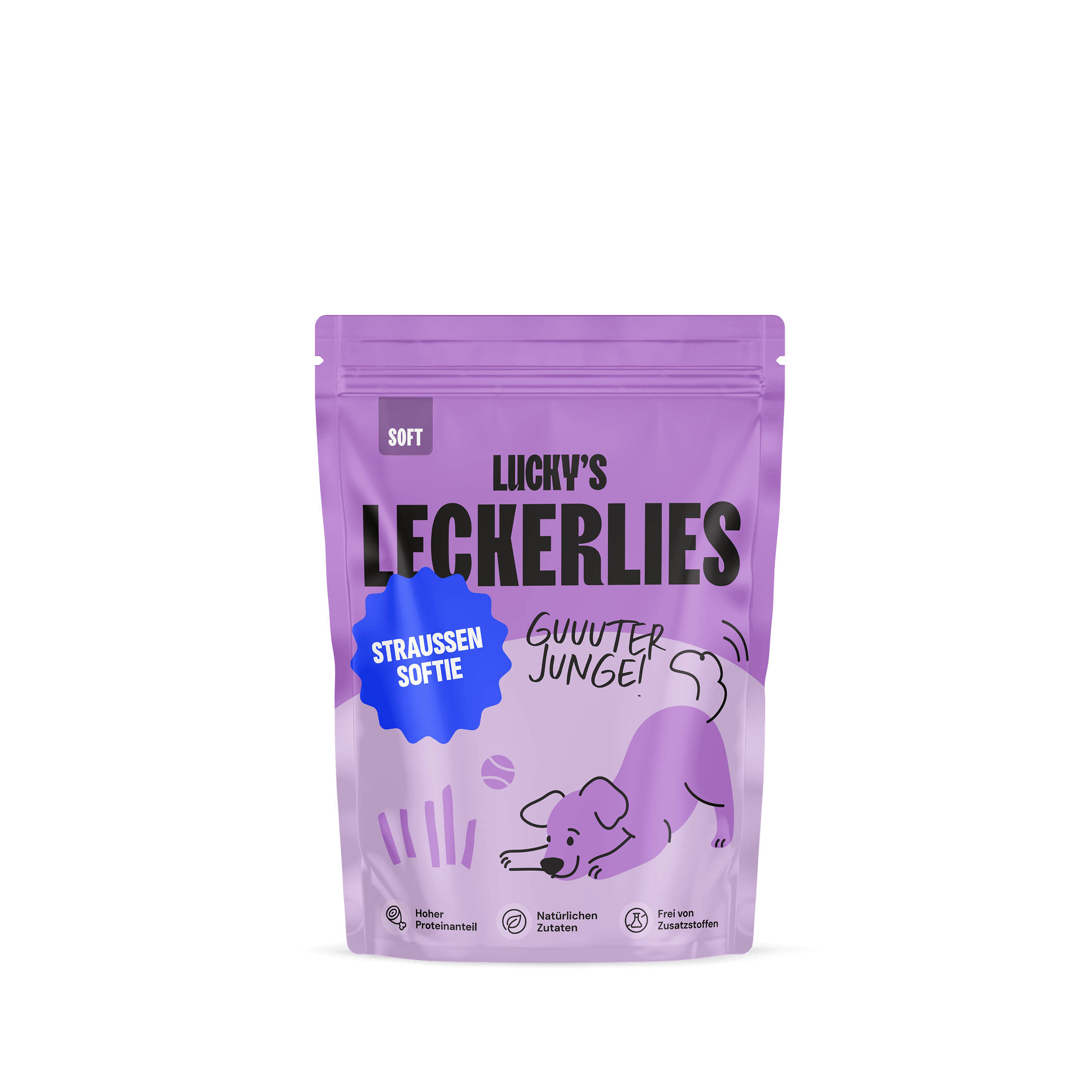 Straußensoftie – Leckerli für Hunde in lila Verpackung mit Hundedesign, ideal für Training und Belohnung.