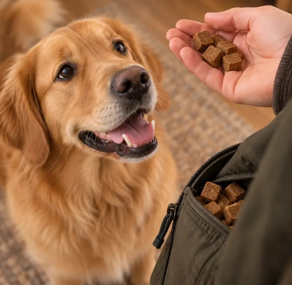 Golden Retriever schaut erwartungsvoll auf getreidefreie Straußenwürfel als Belohnung