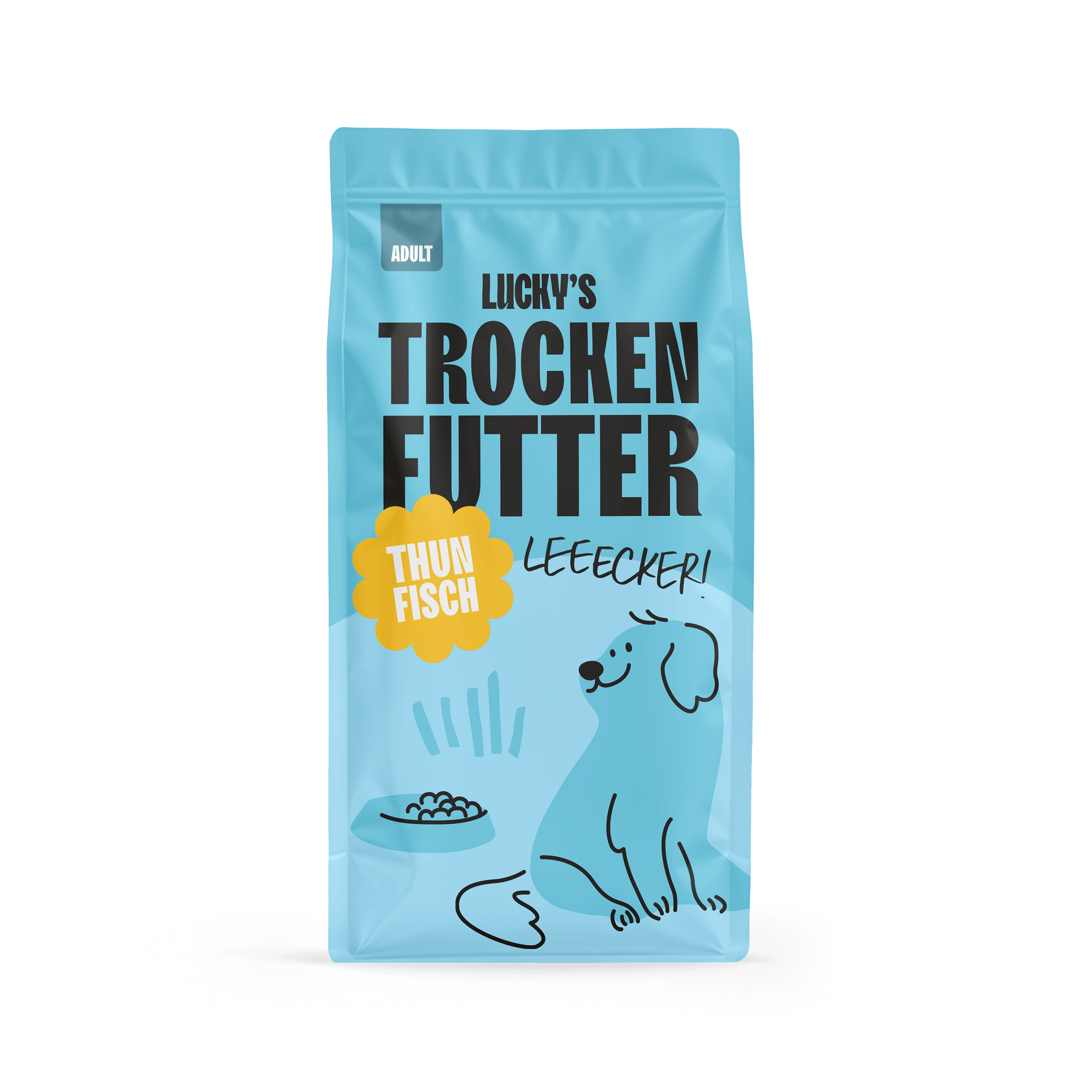 Thunfisch mit Süßkartoffel und Brokkoli – Trockenfutter für Hunde in einer attraktiven Verpackung.