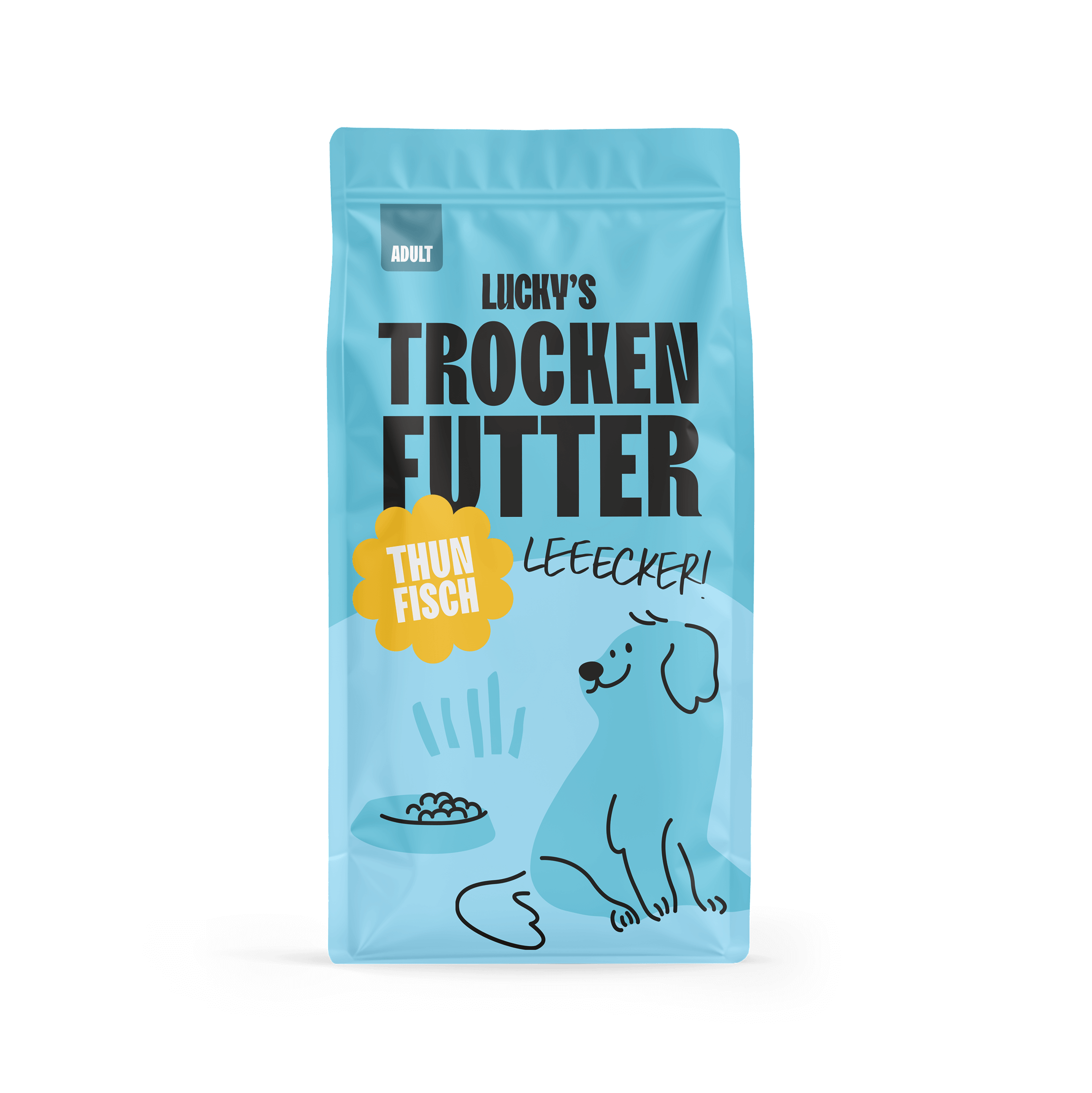 Thunfisch mit Süßkartoffel und Brokkoli – Trockenfutter für Hunde in einer attraktiven Verpackung.