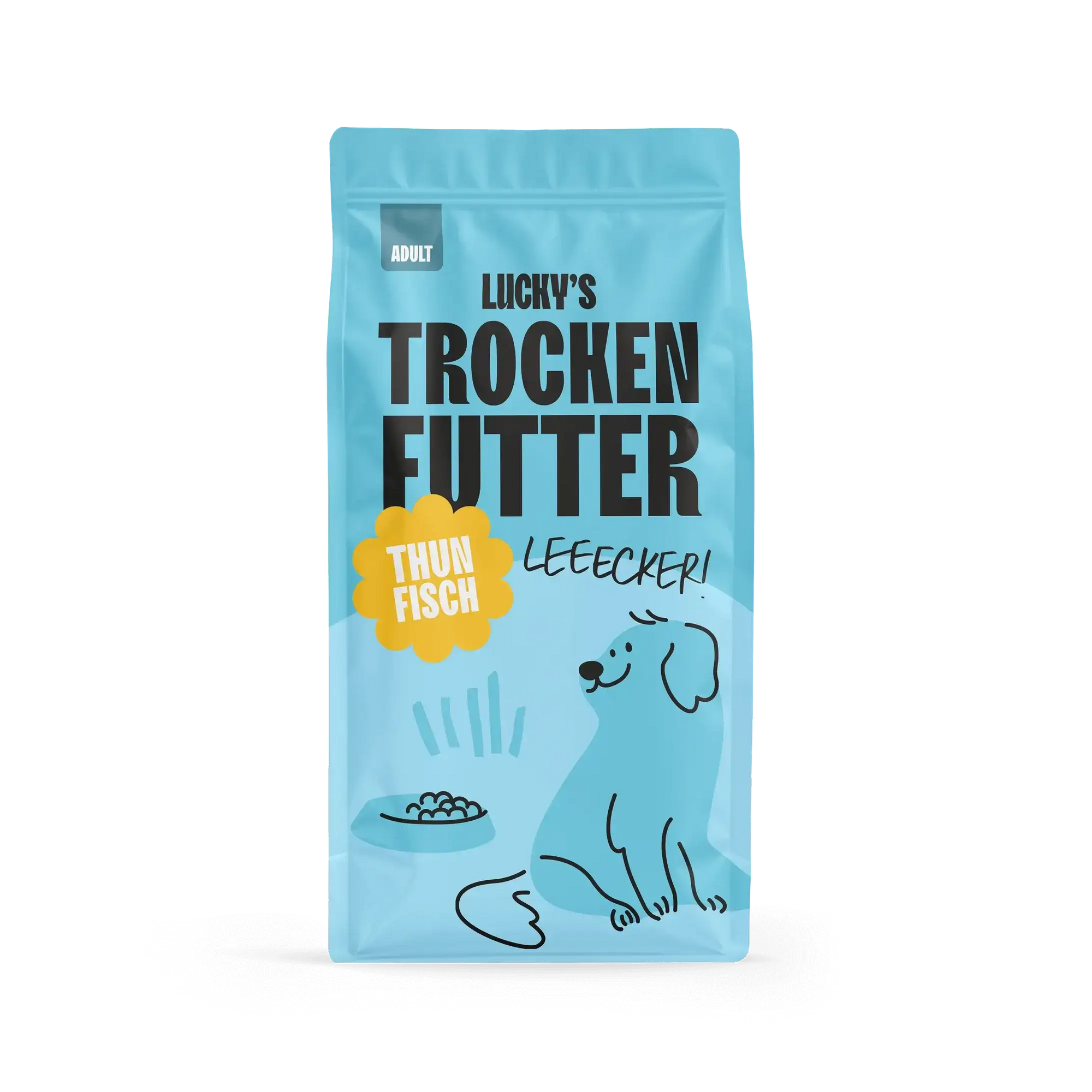 Thunfisch mit Süßkartoffel und Brokkoli – Trockenfutter für Hunde in einer attraktiven Verpackung.