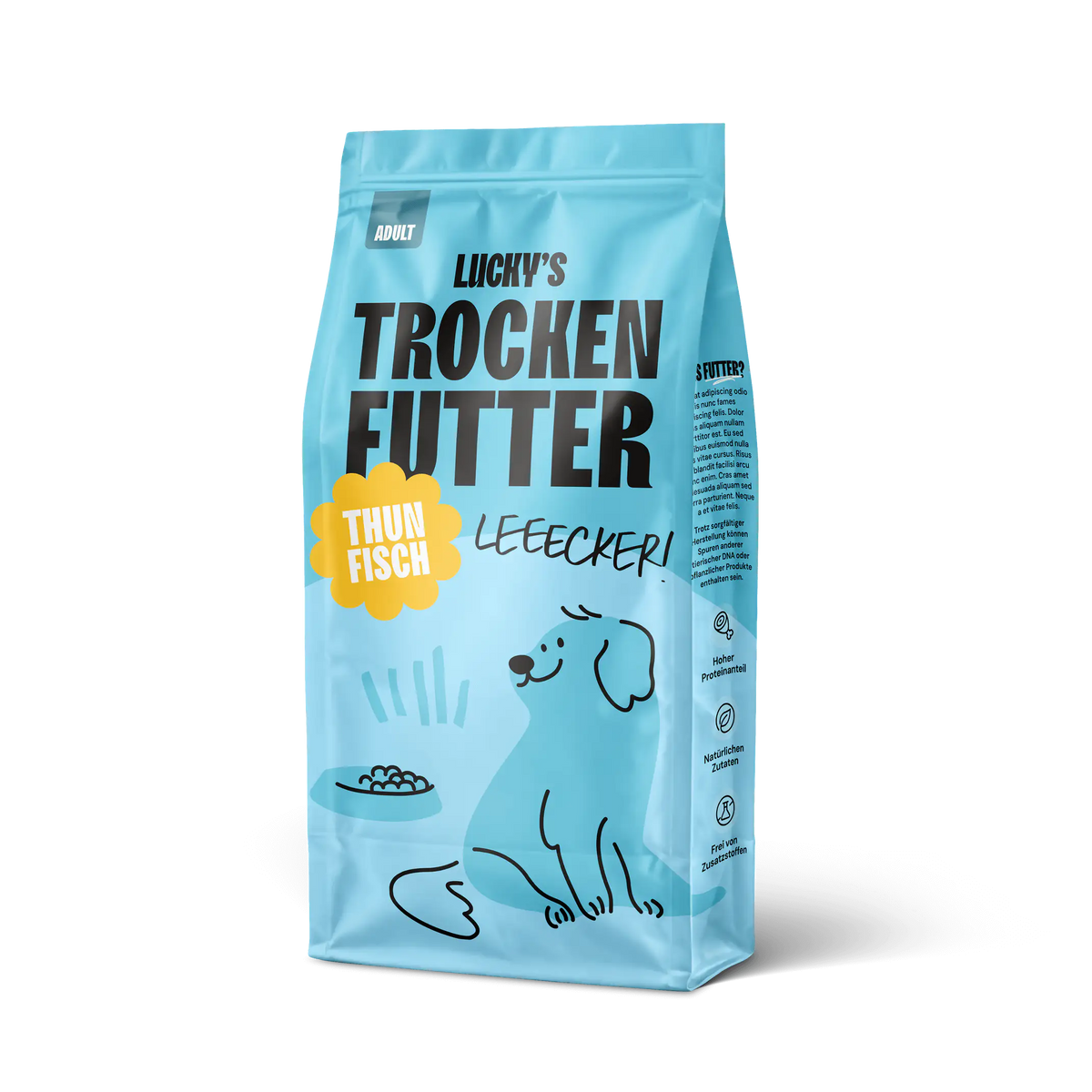 Thunfisch mit Süßkartoffel und Brokkoli – Trockenfutter für Hunde in Verpackung