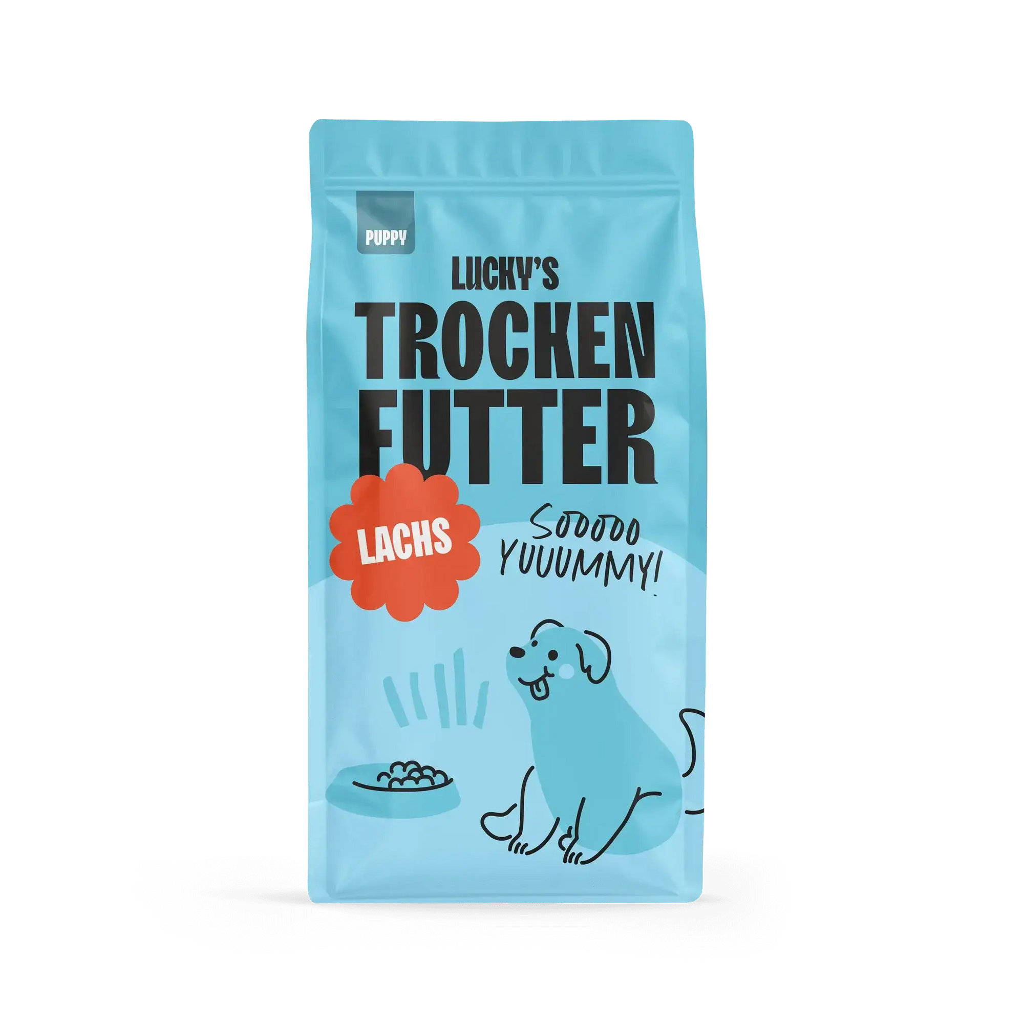 Lachs mit Schellfisch, Weißfisch, Süßkartoffel und Spargel für Welpen in einer ansprechenden Verpackung.