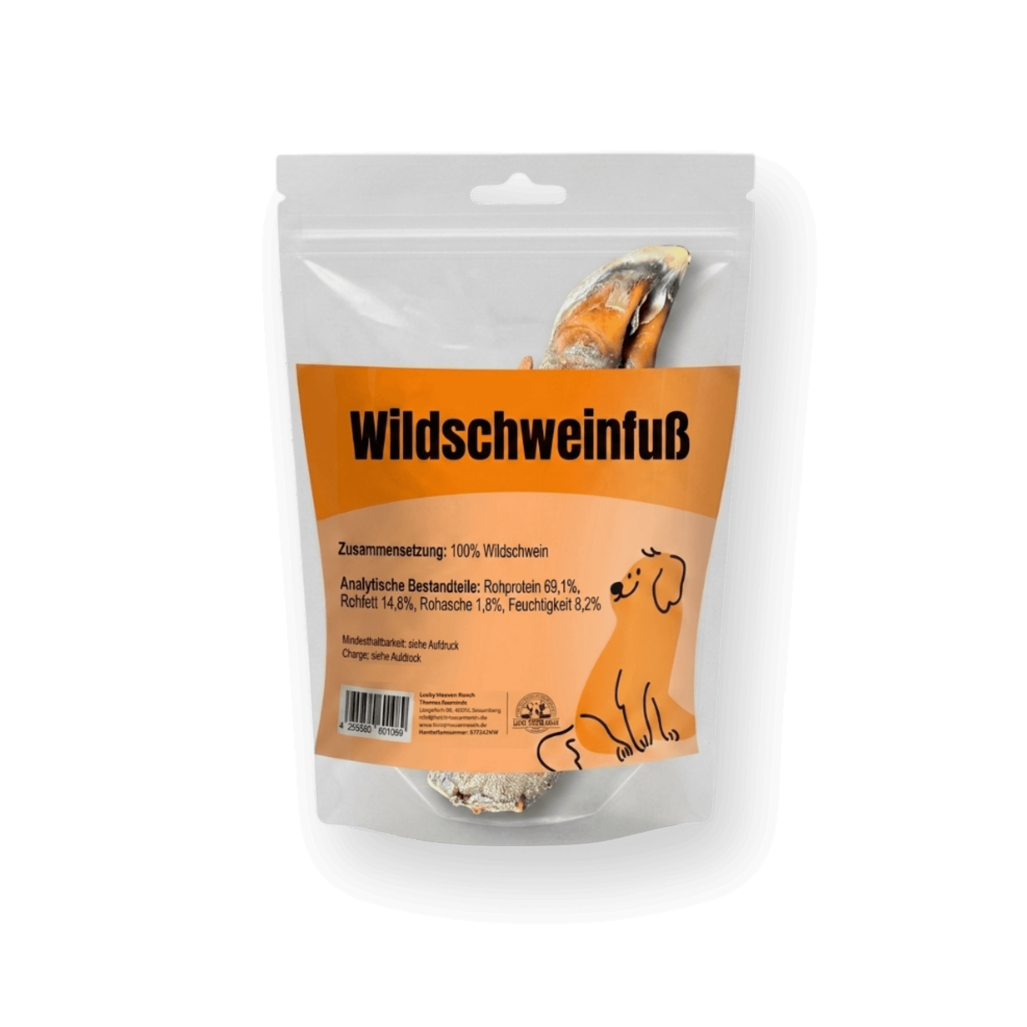 Ein verpackter Wildschweinfuß-Kauartikel in einem durchsichtigen Standbeutel mit einem orange-beigen Etikett. Das Etikett zeigt den Text "Wildschweinfuß", Inhaltsstoffe, Analyseergebnisse und eine Illustration eines Welpen