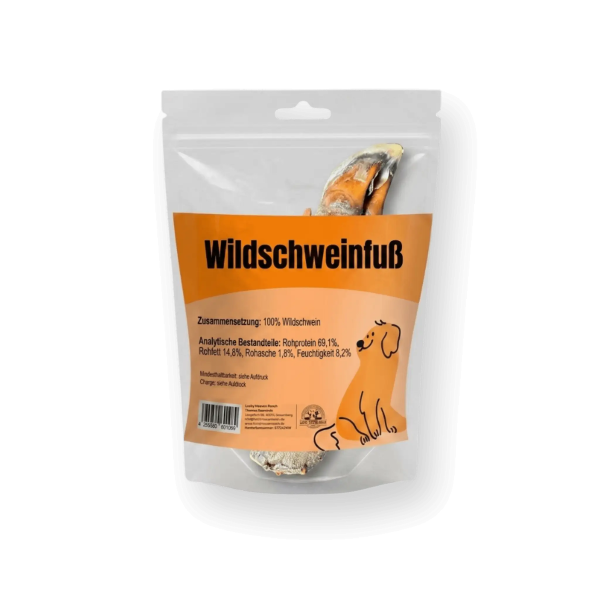 Verpackung von Wildschweinfuß, dem natürlichen Kausnack für Hunde, 100% Wildschwein, 100g.
