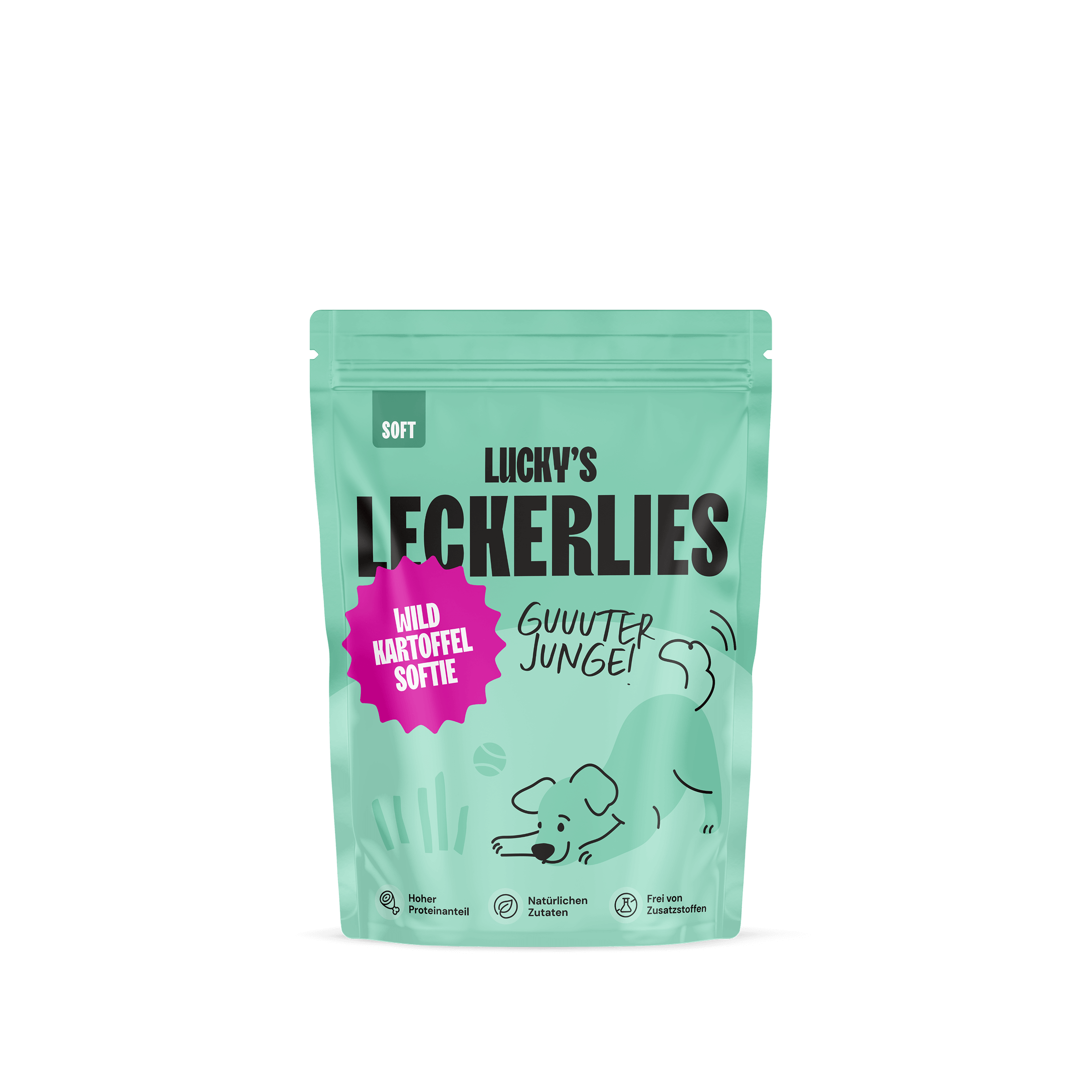 Tüte mit Wild-Kartoffelsoftie – Leckerli für Hunde von Licky's, zarte Hundeleckerlis in ansprechender Verpackung.