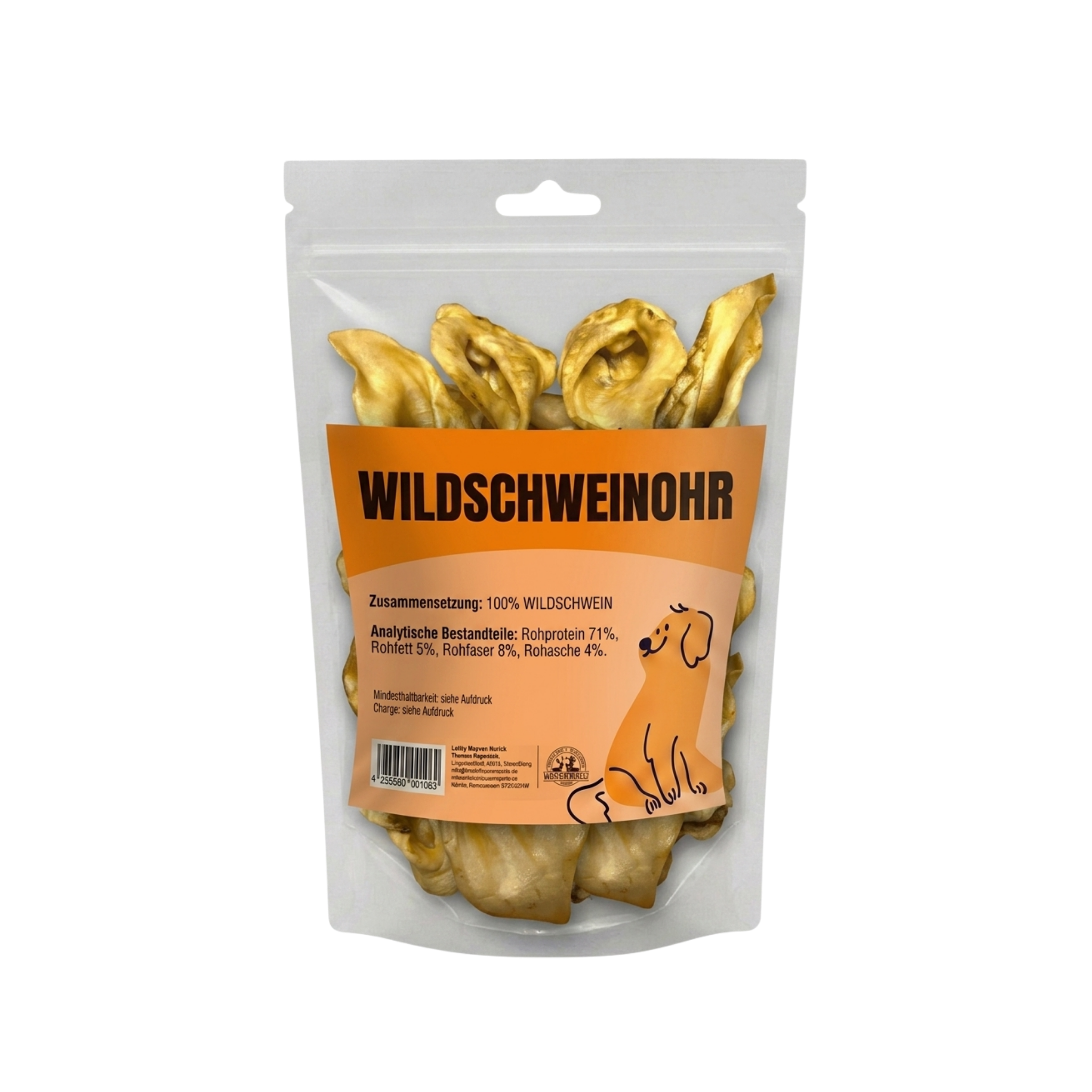 Transparente Verpackung eines Lucky Heaven Ranch Wildschweinohr Hundesnack. Der Beutel enthält getrocknete Wildschweinohren, ein Single-Ingredient-Kauartikel aus 100% Wildschwein.