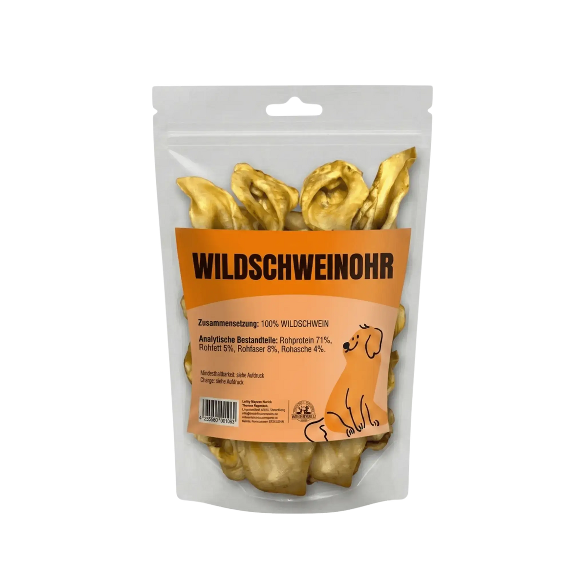 Transparente Verpackung eines Lucky Heaven Ranch Wildschweinohr Hundesnack. Der Beutel enthält getrocknete Wildschweinohren, ein Single-Ingredient-Kauartikel aus 100% Wildschwein.