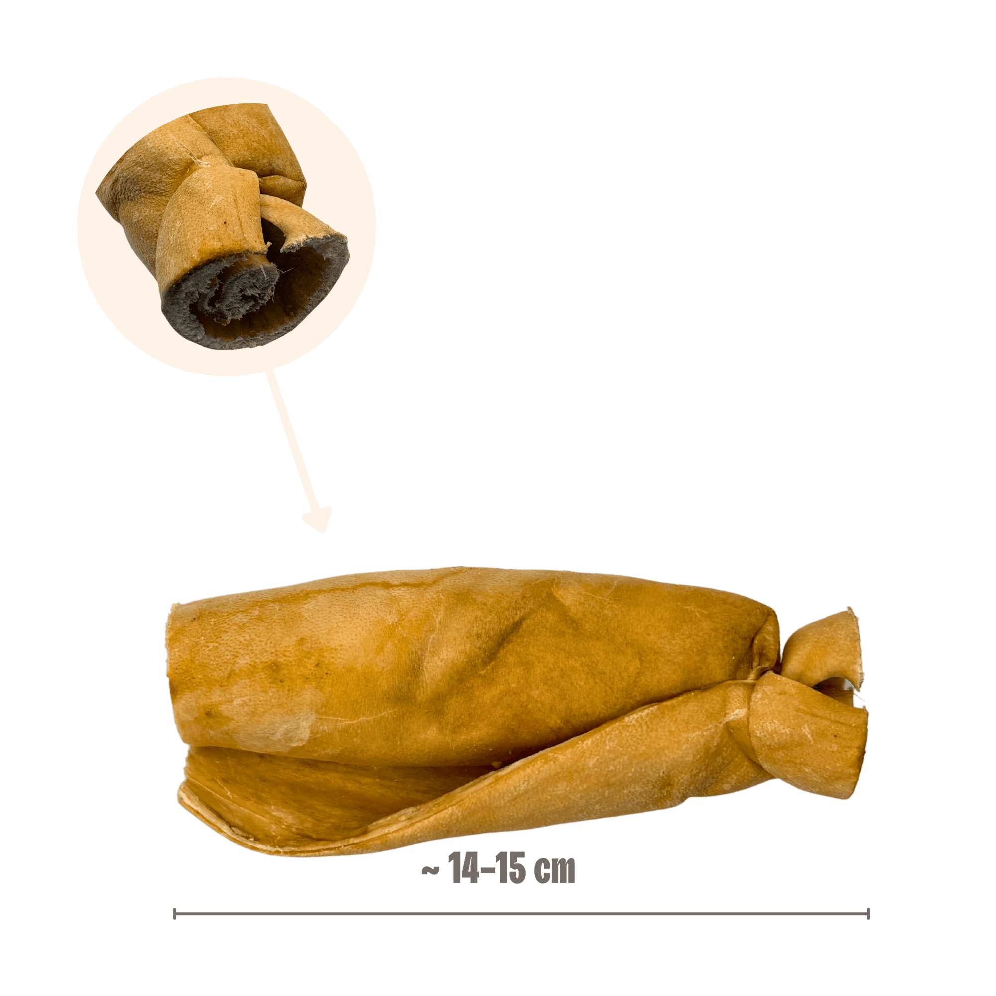 Produktabmessung einer gerollten Ziegenhaut von ca. 14-15 cm Länge für Hunde mit einer vergrößerten Detailansicht der Wicklung.