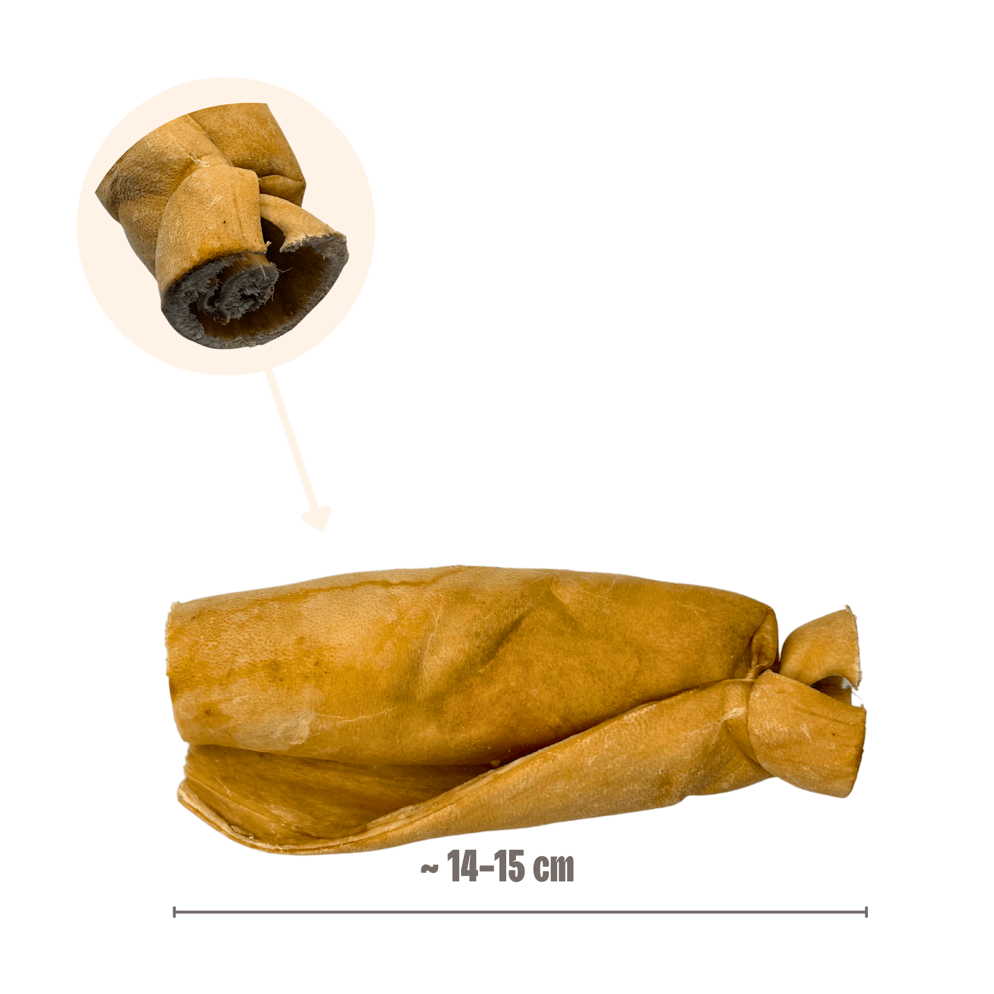 Produktabmessung einer gerollten Ziegenhaut von ca. 14-15 cm Länge für Hunde mit einer vergrößerten Detailansicht der Wicklung.