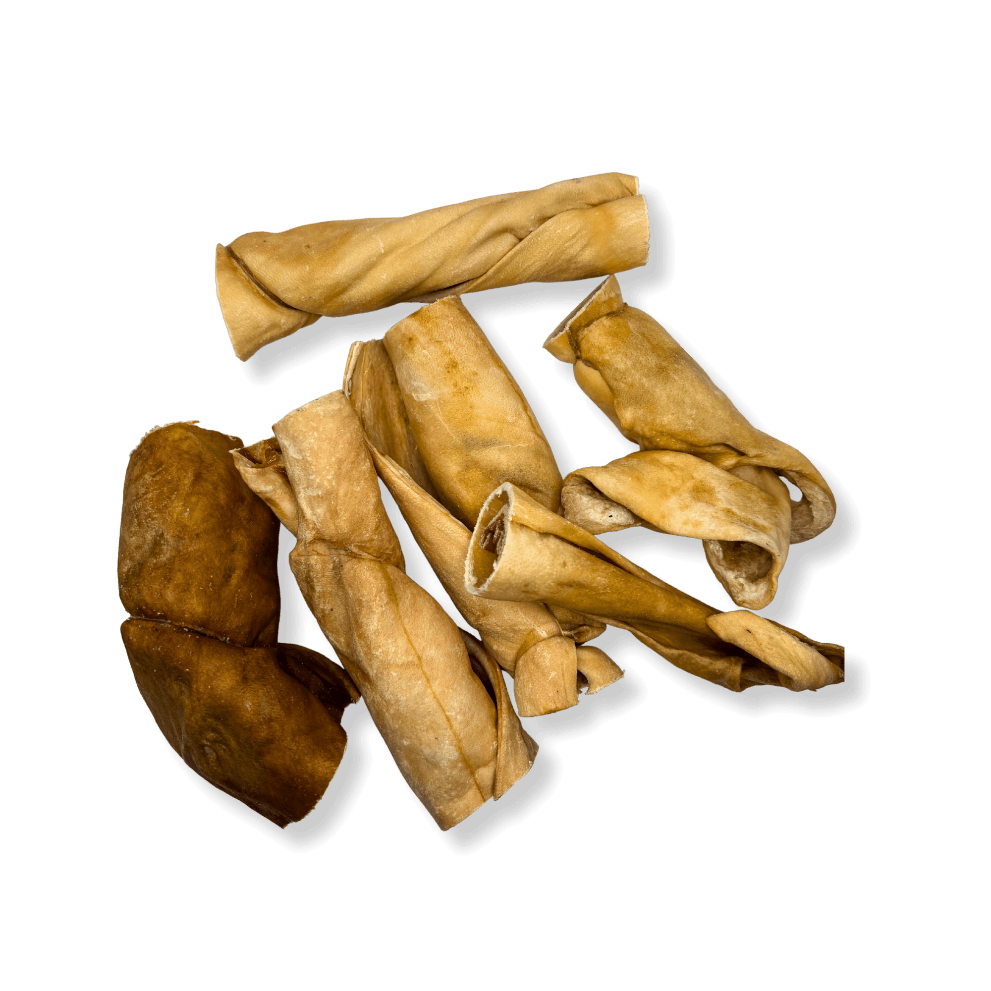 Eine Auswahl an naturbelassenen, gerollten Ziegenhautstreifen als hypoallergener und verträglicher Hundekausnack.